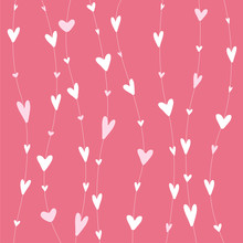 Stripy Pattern With White Hearts On Hanging Threads On Pink Background. Romantic Hand Drawn Endless Texture.