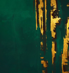 Wall Mural - golden abstract elements on a stylish dark green background with watercolor texture