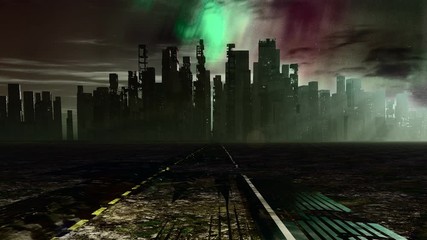 road to dead city. red green sky horizon
