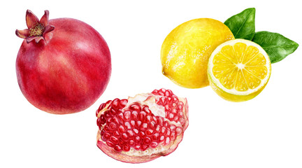 Wall Mural - Pomegranate lemon set composition watercolor isolated on white background