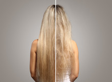 Woman Before And After Hair Treatment On Grey Background, Back View