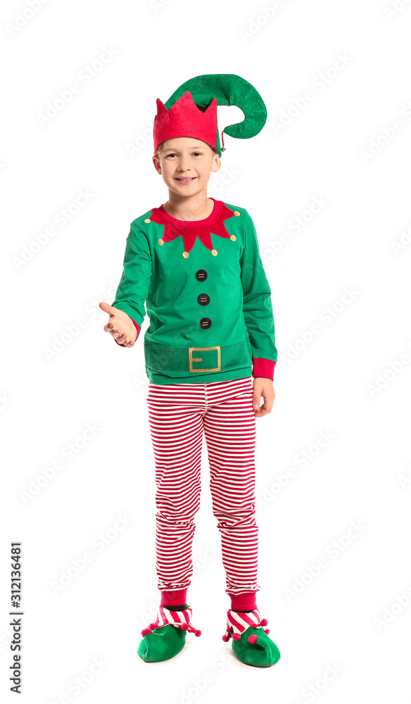 Little boy in costume of elf on white background