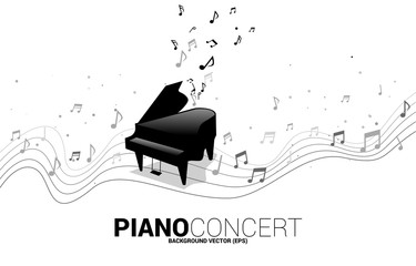 Vector grand piano with music melody note dancing flow. Concept background for song and concert theme.