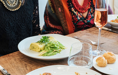 Trendy brunch table with an egg dish 