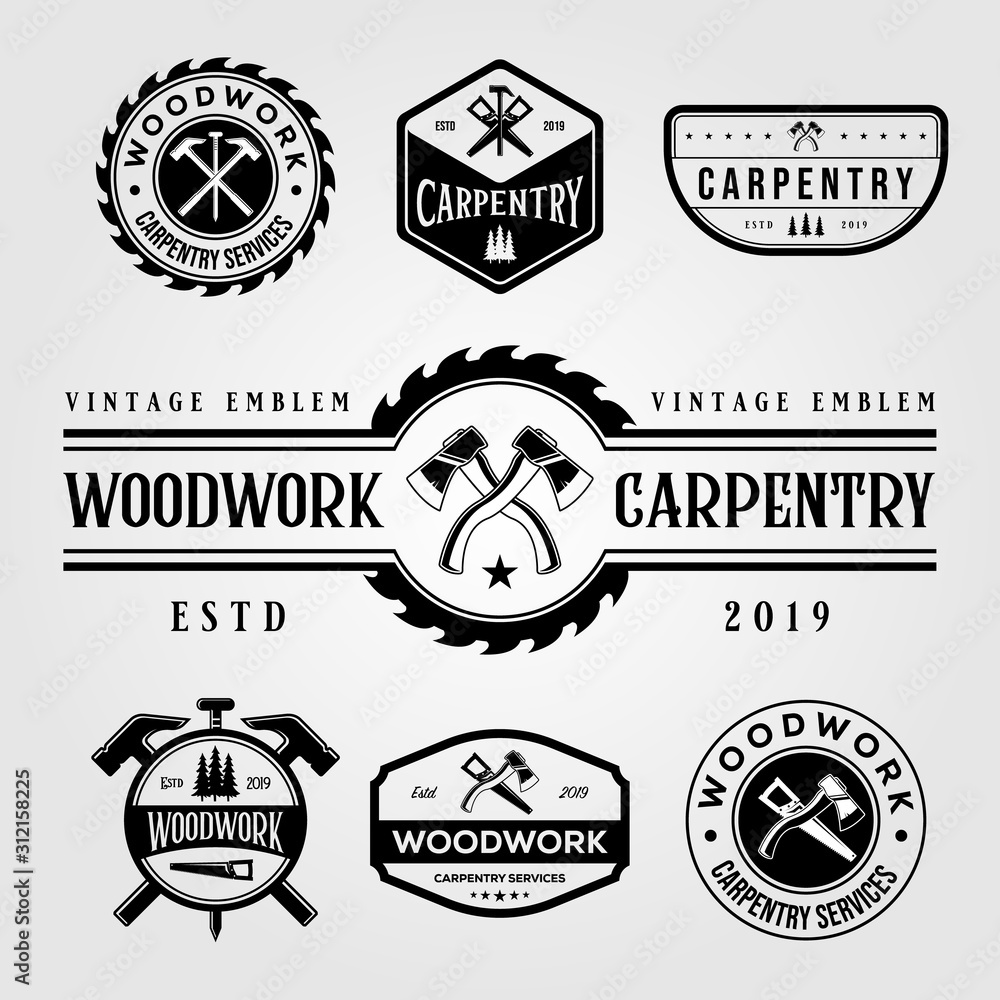 set of carpentry woodwork vintage logo craftsman vector illustration design - obrazy, fototapety, plakaty 
