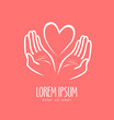 Hands protecting heart. Charity, donation vector logo or symbol