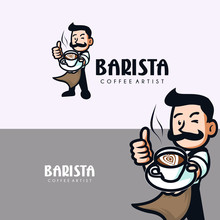 Smiling Barista With Mustache Holding A Cup Of Coffee.