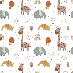 Wall Mural - giraffe and  elephant baby cute seamless pattern