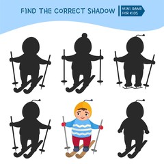 Educational  game for children. Find the right shadow. Kids activity with cute winter child.