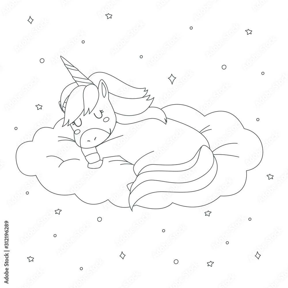 Coloring page for children. Cute unicorn sleeping on the cloud cartoon ...