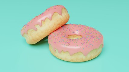 2 donut have pastel pink icing and sprinkle rainbow on top on pastel green background