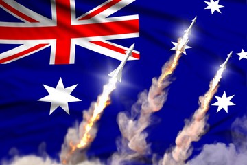 Modern strategic rocket forces concept on flag fabric background, Australia ballistic warhead attack - military industrial 3D illustration, nuke with flag