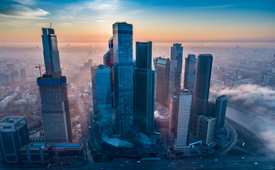 Wall Mural - A aerial view of towers of the Moscow International Business Centre also known as Moscow City at dawn.