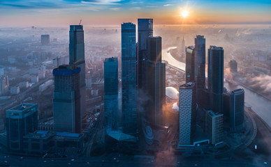  A aerial view of towers of the Moscow International Business Centre also known as Moscow City at dawn.