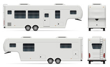 Travel Trailer Vector Mockup On White Background For Vehicle Branding, Corporate Identity. View From Side, Front, Back. All Elements In The Groups On Separate Layers For Easy Editing And Recolor