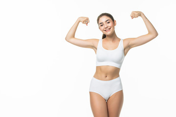 Wall Mural - Fit, healthy and sporty woman in underwear isolated on white. Sport, fitness, diet, weight loss and healthcare concept.