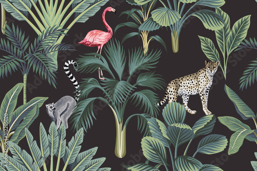 Cuadros en Lienzo Tropical vintage wild animals, flamingo, palm trees, banana tree floral seamless pattern dark background