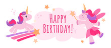 Vector Pink Background With Unicorns, Gifts And A Cloud With Text For Birthday.