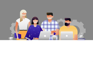 Searching for new ideas solutions, negotiation, working together in the company, brainstorming, teamwork vector illustration. Characters design. Illustration with copy space