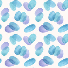 Blue And Lilac Abstract Spots, Seamless Pattern. Stylish Background With Transparent Chaotic Ovals. On White Background.
