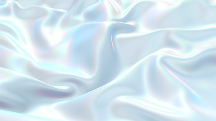 3D render beautiful folds of white silk in full screen, like a beautiful clean fabric background. Simple soft background with smooth folds like waves on a liquid surface. Nacre 3