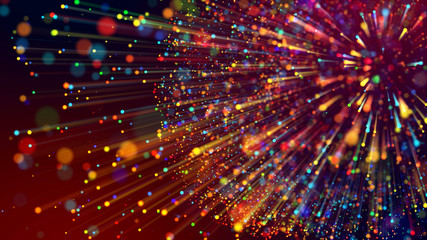 Wall Mural - 3d abstract beautiful background with light rays colorful glowing particles, depth of field, bokeh. 