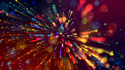 Wall Mural - 3d abstract beautiful background with light rays colorful glowing particles, depth of field, bokeh. 