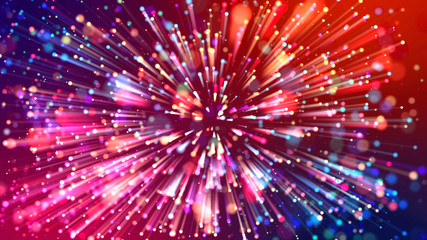 Wall Mural - abstract explosion of multicolored shiny particles like sparkles with light rays like laser show. 3d