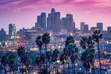 Fototapeta Nowy Jork - Amazing sunset view with palm tree and downtown Los Angeles. California, USA