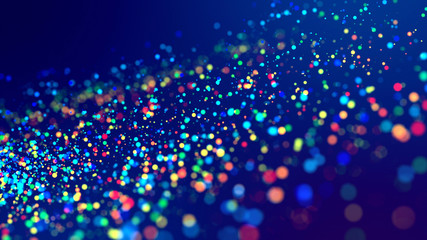 cloud of multicolored particles fly in air slowly or float in liquid like sparkles on dark blue back
