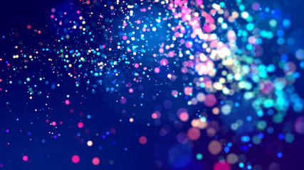 Wall Mural - cloud of multicolored particles fly in air slowly or float in liquid like sparkles on dark blue back
