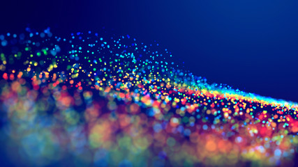 Wall Mural - cloud of multicolored particles fly in air slowly or float in liquid like sparkles on dark blue back