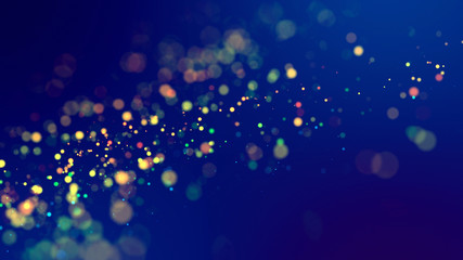 Wall Mural - cloud of multicolored particles fly in air slowly or float in liquid like sparkles on dark blue back