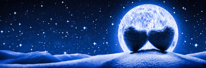 Wall Mural - two soft hearts in front of full moon on hill with starry sky background - valentine's day concept