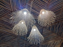Traditional White Handmade Craft Modern Ethnic Decorative For Interior Lamp Shades Made From Rattan Bamboo Wooden Wicker In Natural Rooftop Background