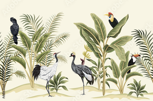 Dekoracja na wymiar  tropikalny-ptak-vintage-papuga-zuraw-tukan-palma-drzewo-bananowe-i-roslina-kwiatowy-bez-szwu