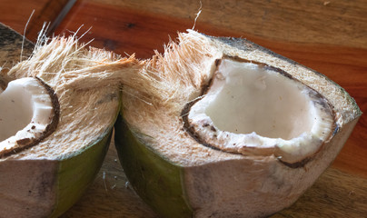 opened coconut fruit in two halves, partial green external cover view, on brown background