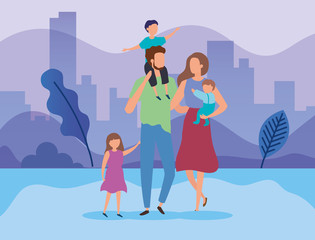 Sticker - parents with sons in the park vector illustration design