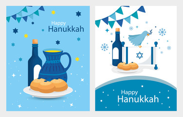 Poster - set poster of happy hanukkah with decoration vector illustration design