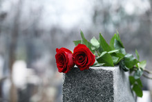 Red Roses On Grey Granite Tombstone Outdoors. Funeral Ceremony