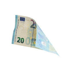 Euro banknote isolated on white. Flying money