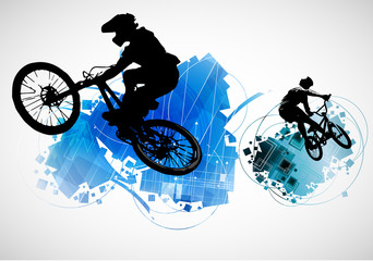 Active people. BMX rider in abstract sport landscape background, vector.