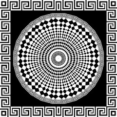 Greek ornamental round mandala seamless pattern. Vector black and white patterned background with square frame. Geometric ornament with rhombus, circles, radial shapes, greek key meanders