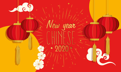 Poster - happy new year chinese 2020 with lanterns hanging vector illustration design