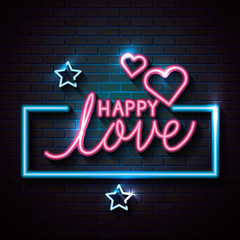 Wall Mural - happy love with hearts and stars of neon lights vector illustration design