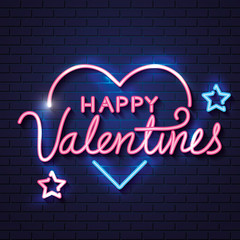 Wall Mural - happy valentines day with heart and stars of neon lights vector illustration design