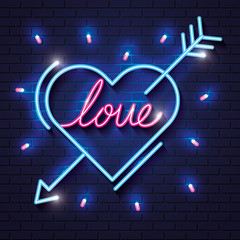 Wall Mural - heart with lettering love of neon lights vector illustration design