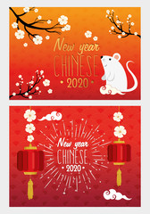 Canvas Print - set poster of happy new year chinese with decoration vector illustration design