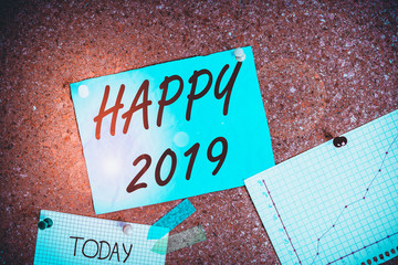 Text sign showing Happy 2019. Business photo showcasing feeling showing or causing pleasure or satisfaction for 2019 Corkboard color size paper pin thumbtack tack sheet billboard notice board