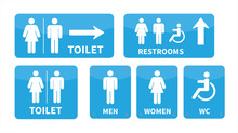 Set Toilet Signs. Men And Women Restroom Icon Sign Right Arrow. Disabled Wheelchair Icon. Vector Illustration